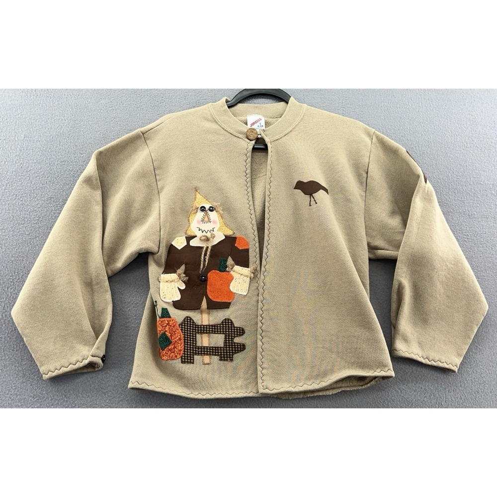 VTG Jerzees Sweatshirt Cardigan Womens Sz S Tan Scarecrow Pumpkin Patchwork USA